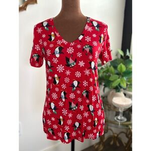 Jollidays‎ Christmas Holiday Penguin Snowflake V-Neck Top - Women's Small